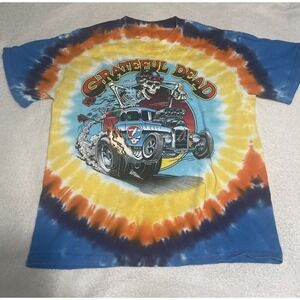 Liquid Blue Grateful Dead T-Shirt Mens Small Blue Tie Dye Hot Rod Skeleton